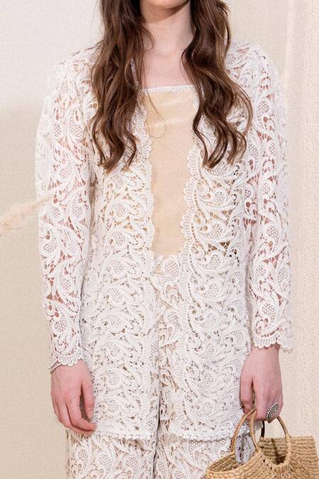 Shop_Blush And M_Off White Crochet Jacket And Shorts Set_Online_at_Aza_Fashions