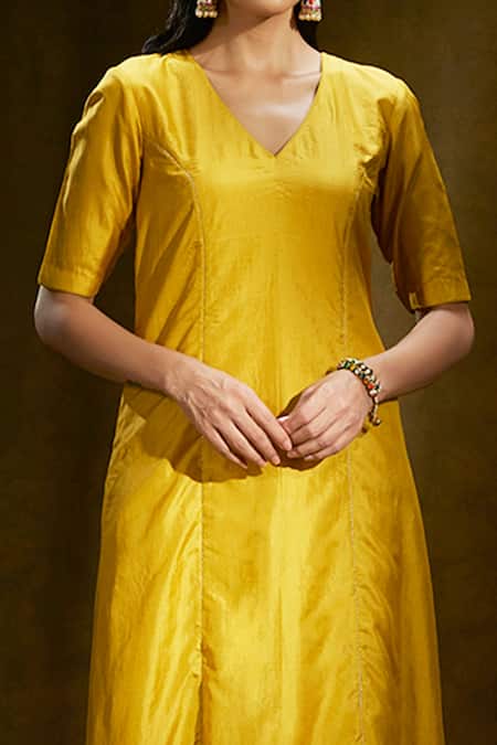 Exclusive Gold Cotton Silk Kurta with Beautiful Embroidery Front and S –  Sujatra