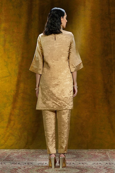 Shop_Weaver Story_Gold Tissue Silk Lining Cotton Round Kurta And Pant Set _at_Aza_Fashions