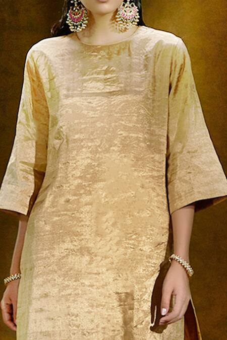 Weaver Story_Gold Tissue Silk Lining Cotton Round Kurta And Pant Set _Online_at_Aza_Fashions