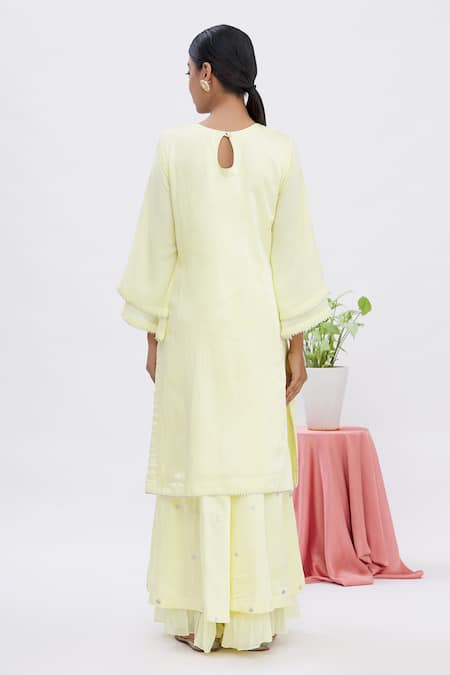 Shop Surabhi Arya Yellow Dupatta Organza, Kurta And Sharara Satin Linen Gota Embroidered Set at Aza Fashions Shop_Surabhi Arya_Yellow Dupatta Organza, Kurta And Sharara Satin Linen Gota Embroidered Set_at_Aza_Fashions