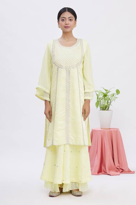 Buy Surabhi Arya Yellow Dupatta Organza, Kurta And Sharara Satin Linen Gota Embroidered Set Online at Aza Fashions Buy_Surabhi Arya_Yellow Dupatta Organza, Kurta And Sharara Satin Linen Gota Embroidered Set_Online_at_Aza_Fashions