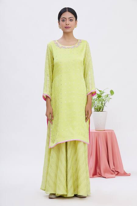 Buy Surabhi Arya Green Kurta And Dupatta Organza, Sharara Tissue Gota Work Round Set Online at Aza Fashions Buy_Surabhi Arya_Green Kurta And Dupatta Organza, Sharara Tissue Gota Work Round Set _Online_at_Aza_Fashions
