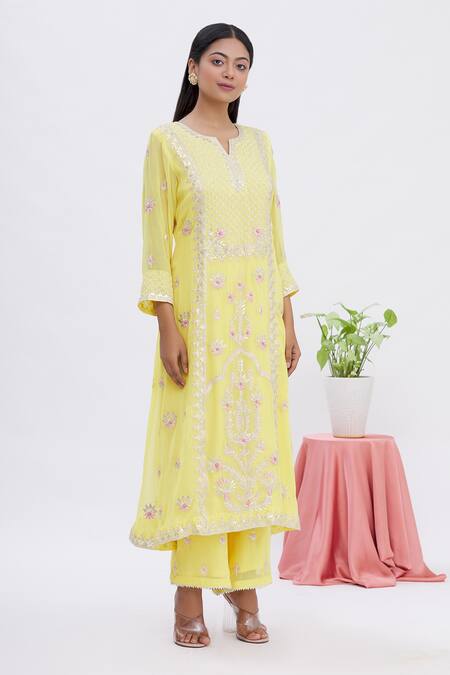Surabhi Arya Yellow Dupatta Net, Kurta Georgette, Pant Crepe Gota Work Embroidered Set Online at Aza Fashions Surabhi Arya_Yellow Dupatta Net, Kurta Georgette, Pant Crepe Gota Work Embroidered Set _Online_at_Aza_Fashions