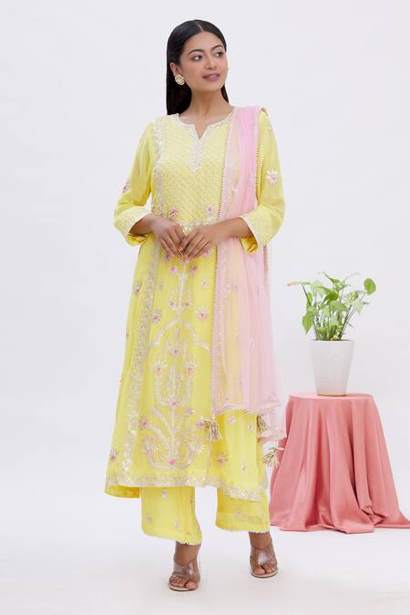 Buy Surabhi Arya Yellow Dupatta Net, Kurta Georgette, Pant Crepe Gota Work Embroidered Set Online at Aza Fashions Buy_Surabhi Arya_Yellow Dupatta Net, Kurta Georgette, Pant Crepe Gota Work Embroidered Set _Online_at_Aza_Fashions