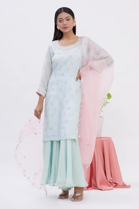 Surabhi Arya Blue Kurta And Dupatta Organza, Sharara Tissue Gota Work Round Set Online at Aza Fashions Surabhi Arya_Blue Kurta And Dupatta Organza, Sharara Tissue Gota Work Round Set_Online_at_Aza_Fashions