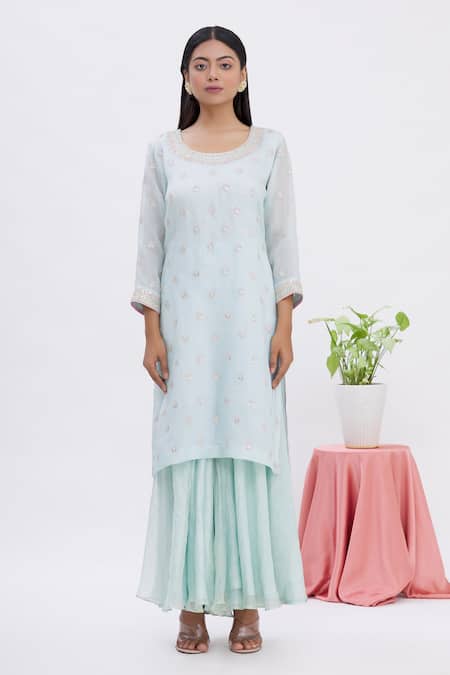 Buy Surabhi Arya Blue Kurta And Dupatta Organza, Sharara Tissue Gota Work Round Set Online at Aza Fashions Buy_Surabhi Arya_Blue Kurta And Dupatta Organza, Sharara Tissue Gota Work Round Set_Online_at_Aza_Fashions