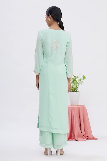 Shop Surabhi Arya Blue Dupatta Organza, Kurta Georgette, Palazzo Crepe Gota Embroidered Set at Aza Fashions Shop_Surabhi Arya_Blue Dupatta Organza, Kurta Georgette, Palazzo Crepe Gota Embroidered Set _at_Aza_Fashions