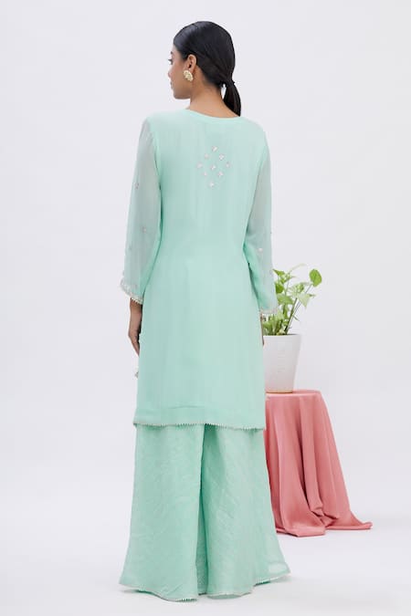 Shop Surabhi Arya Blue Dupatta Organza, Kurta Georgette, Sharara Tissue Gota Embroidered Set at Aza Fashions Shop_Surabhi Arya_Blue Dupatta Organza, Kurta Georgette, Sharara Tissue Gota Embroidered Set_at_Aza_Fashions