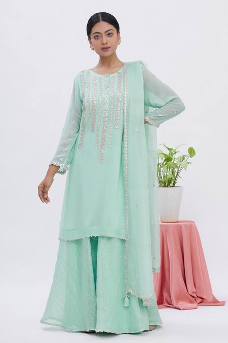 Surabhi Arya Blue Dupatta Organza, Kurta Georgette, Sharara Tissue Gota Embroidered Set Online at Aza Fashions Surabhi Arya_Blue Dupatta Organza, Kurta Georgette, Sharara Tissue Gota Embroidered Set_Online_at_Aza_Fashions