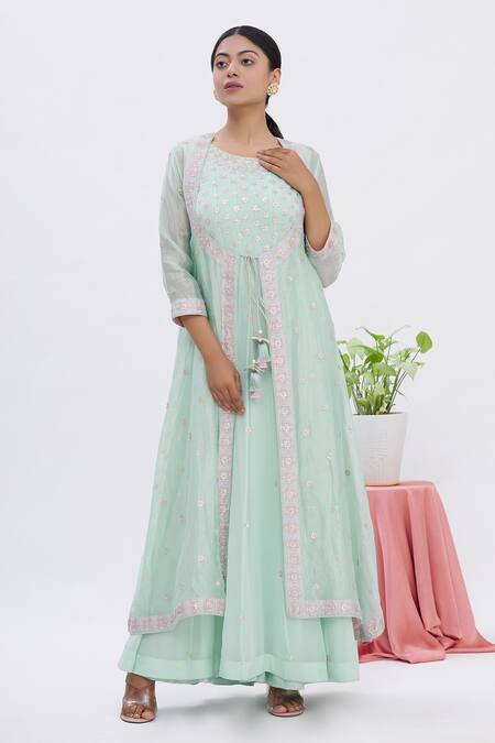 Surabhi Arya Blue Anarkali Georgette, Jacket Tissue Gota Work Round With Embroidered Online at Aza Fashions Surabhi Arya_Blue Anarkali Georgette, Jacket Tissue Gota Work Round With Embroidered_Online_at_Aza_Fashions