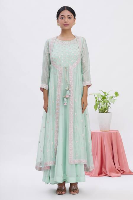 Buy Surabhi Arya Blue Anarkali Georgette, Jacket Tissue Gota Work Round With Embroidered Online at Aza Fashions Buy_Surabhi Arya_Blue Anarkali Georgette, Jacket Tissue Gota Work Round With Embroidered_Online_at_Aza_Fashions