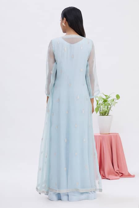 Shop Surabhi Arya Blue Anarkali Georgette, Jacket Tissue Gota Work U Tunic With Embroidered at Aza Fashions Shop_Surabhi Arya_Blue Anarkali Georgette, Jacket Tissue Gota Work U Tunic With Embroidered _at_Aza_Fashions