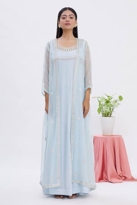 Buy Surabhi Arya Blue Anarkali Georgette, Jacket Tissue Gota Work U Tunic With Embroidered Online at Aza Fashions Buy_Surabhi Arya_Blue Anarkali Georgette, Jacket Tissue Gota Work U Tunic With Embroidered _Online_at_Aza_Fashions