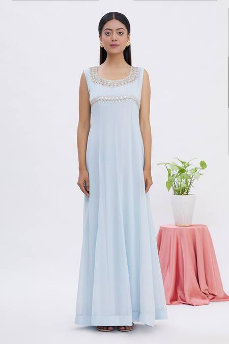 Shop Surabhi Arya Blue Anarkali Georgette, Jacket Tissue Gota Work U Tunic With Embroidered Online at Aza Fashions Shop_Surabhi Arya_Blue Anarkali Georgette, Jacket Tissue Gota Work U Tunic With Embroidered _Online_at_Aza_Fashions