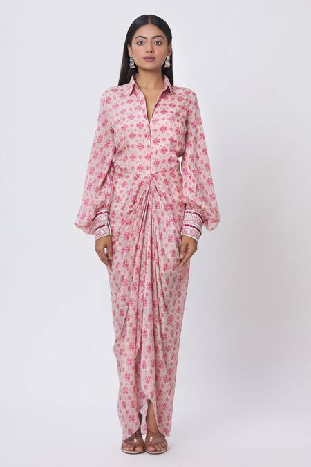 Chhavvi Aggarwal_Pink Crepe Digital Print, Bead And Sequin Work Spread Collar Draped Shirt Dress _Online_at_Aza_Fashions