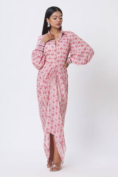 Buy_Chhavvi Aggarwal_Pink Crepe Digital Print, Bead And Sequin Work Spread Collar Draped Shirt Dress _Online_at_Aza_Fashions