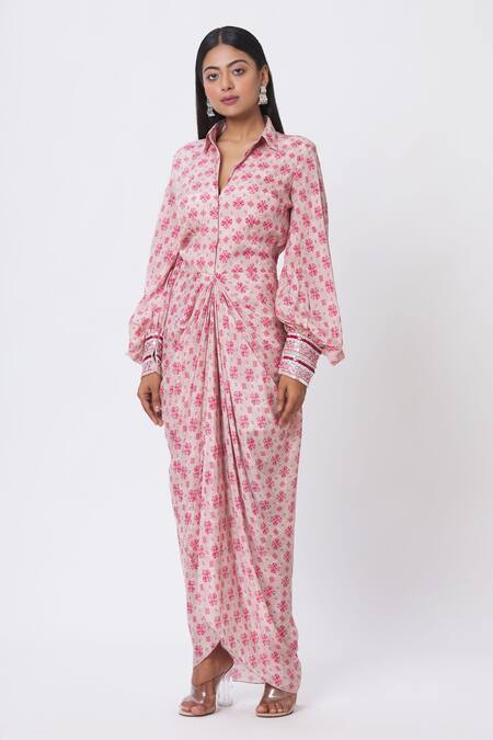 Shop_Chhavvi Aggarwal_Pink Crepe Digital Print, Bead And Sequin Work Spread Collar Draped Shirt Dress _Online_at_Aza_Fashions