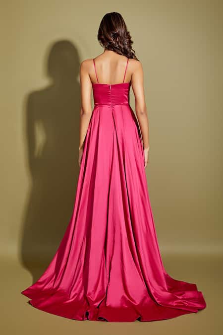 Shop Asra Pink Satin Sweetheart Neck Draped Trail Gown at Aza Fashions Shop_Asra_Pink Satin Sweetheart Neck Draped Trail Gown _at_Aza_Fashions