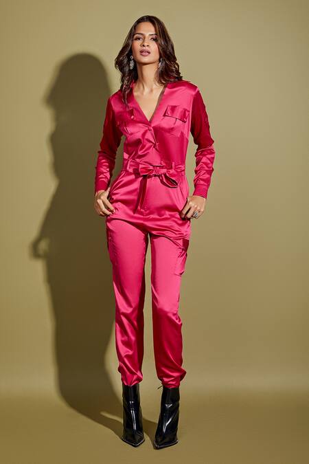 Buy_Asra_Pink Satin V Neck Jumpsuit With Belt _Online_at_Aza_Fashions