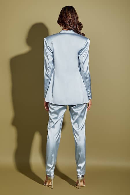 Shop_Asra_Blue Satin Blazer Lapel, Corset Sweetheart Neck Trouser And With _at_Aza_Fashions