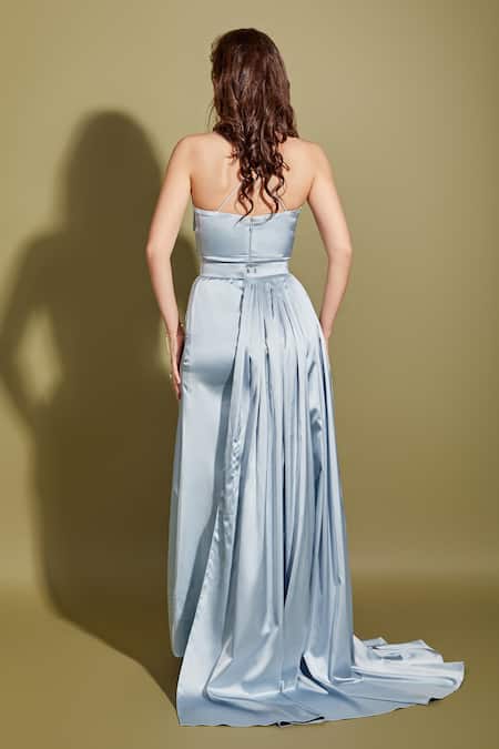Shop Asra Blue Satin V Neck Gown With Pleated Draped Belt at Aza Fashions Shop_Asra_Blue Satin V Neck Gown With Pleated Draped Belt _at_Aza_Fashions