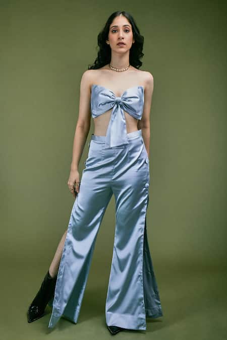 Shop Asra Blue Satin Blazer Lapel, Top Sweetheart Neck Boot Cut Pant Set With Bow-tie at Aza Fashions Shop_Asra_Blue Satin Blazer Lapel, Top Sweetheart Neck Boot Cut Pant Set With Bow-tie _at_Aza_Fashions