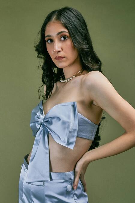 Buy Asra Blue Satin Blazer Lapel, Top Sweetheart Neck Boot Cut Pant Set With Bow-tie Online at Aza Fashions Buy_Asra_Blue Satin Blazer Lapel, Top Sweetheart Neck Boot Cut Pant Set With Bow-tie _Online_at_Aza_Fashions