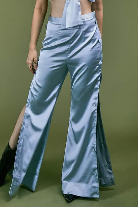 Buy Blue Satin Solid Top Sweetheart Neck Boot Cut Pant Set With Bow-tie For  Women by Asra Online at Aza Fashions.