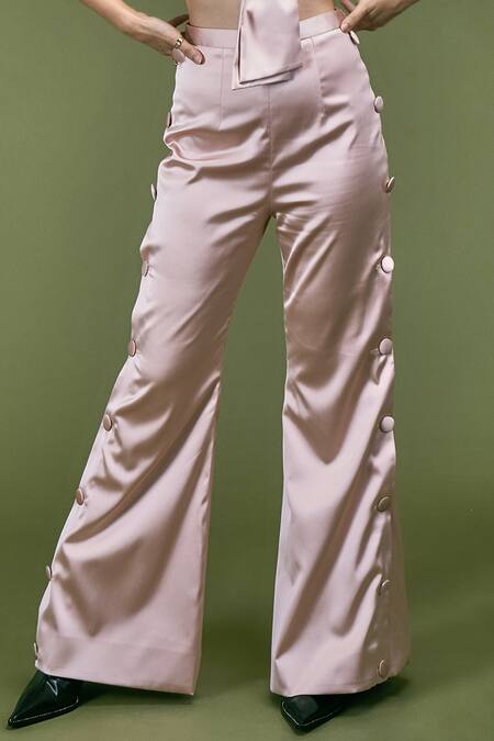 Buy_Asra_Pink Satin Boot Cut Pant And Bow Top Set _Online_at_Aza_Fashions