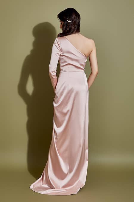 Shop_Asra_Pink Satin One Shoulder Asymmetric Draped Gown _at_Aza_Fashions