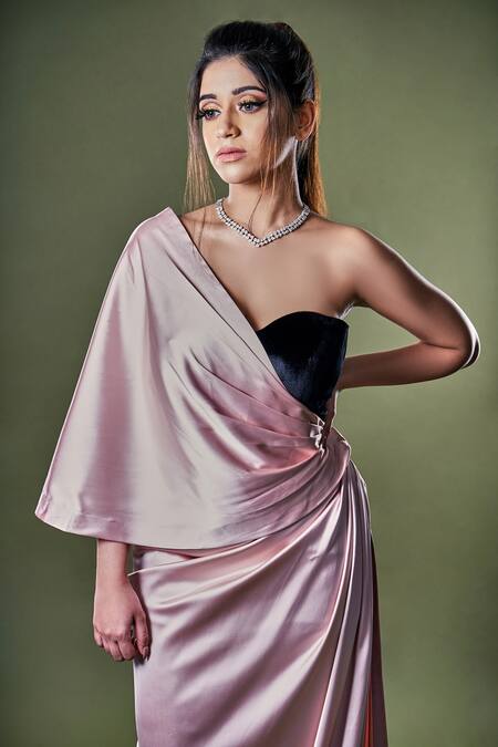 Buy Asra Pink Satin One Shoulder Draped Gown Online at Aza Fashions Buy_Asra_Pink Satin One Shoulder Draped Gown _Online_at_Aza_Fashions