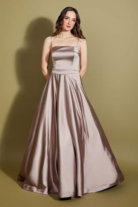 Asra Purple Satin Solid Scoop Neck Flared Gown 