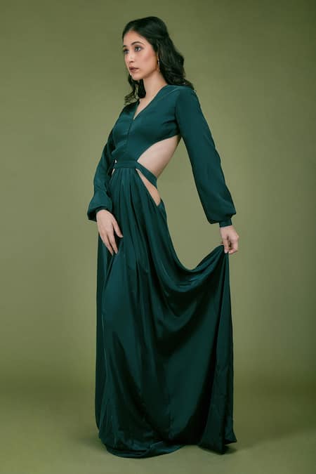 Asra Green Satin V Neck Backless Gown 