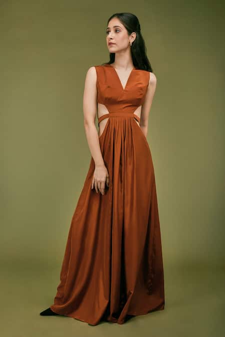 Asra Orange Satin V Neck Side Cut-out Gown 