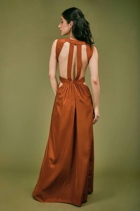Shop Asra Orange Satin V Neck Side Cut-out Gown at Aza Fashions Shop_Asra_Orange Satin V Neck Side Cut-out Gown _at_Aza_Fashions