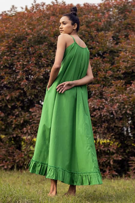 Shop Kharakapas Green Cotton Poplin V Neck Leafy Meadows Dress at Aza Fashions Shop_Kharakapas_Green Cotton Poplin V Neck Leafy Meadows Dress _at_Aza_Fashions