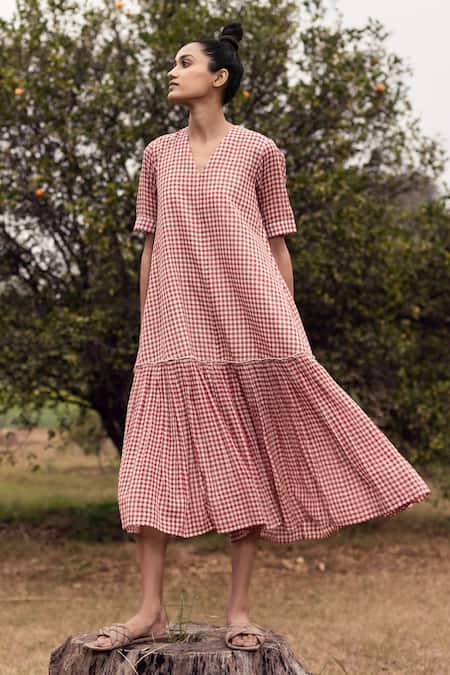 Kharakapas_Red Cotton Checks V Neck Printed Dress _Online_at_Aza_Fashions