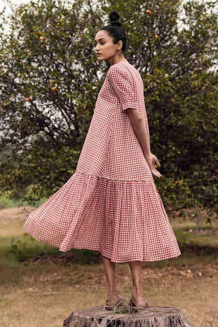 Buy_Kharakapas_Red Cotton Checks V Neck Printed Dress _Online_at_Aza_Fashions