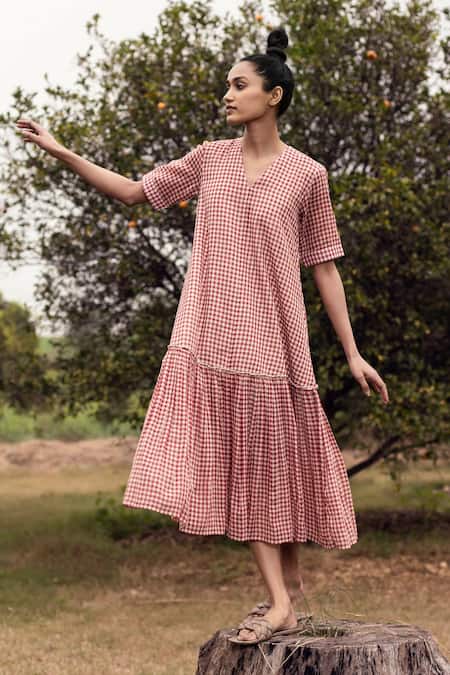 Shop_Kharakapas_Red Cotton Checks V Neck Printed Dress _Online_at_Aza_Fashions
