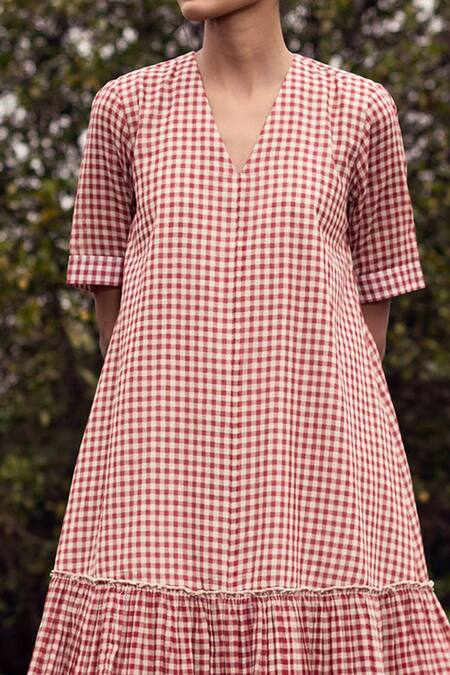 Kharakapas_Red Cotton Checks V Neck Printed Dress _at_Aza_Fashions