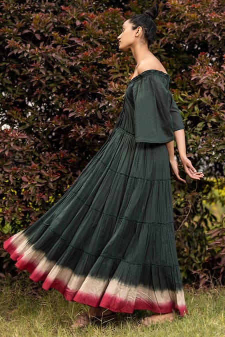 Shop Kharakapas Green Cotton Mulmul Shibori One Shoulder The Hills Are Calling Dress Online at Aza Fashions Shop_Kharakapas_Green Cotton Mulmul Shibori One Shoulder The Hills Are Calling Dress _Online_at_Aza_Fashions