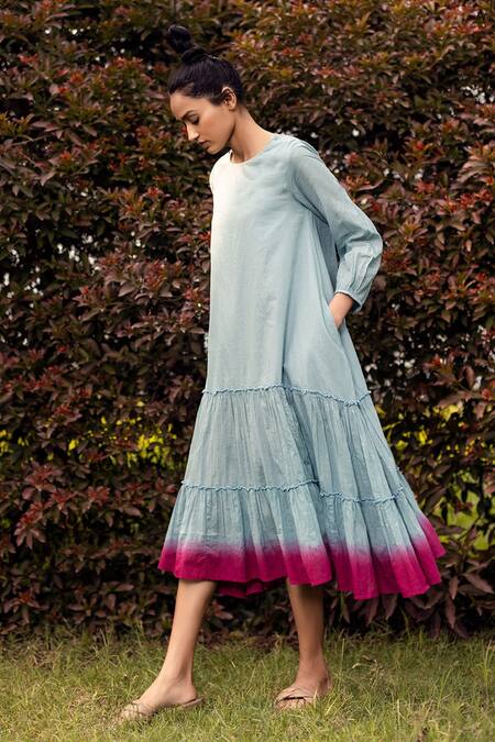 Shop Kharakapas Blue Mulmul Shibori Round Hues Of Horizon Dress Online at Aza Fashions Shop_Kharakapas_Blue Mulmul Shibori Round Hues Of Horizon Dress _Online_at_Aza_Fashions