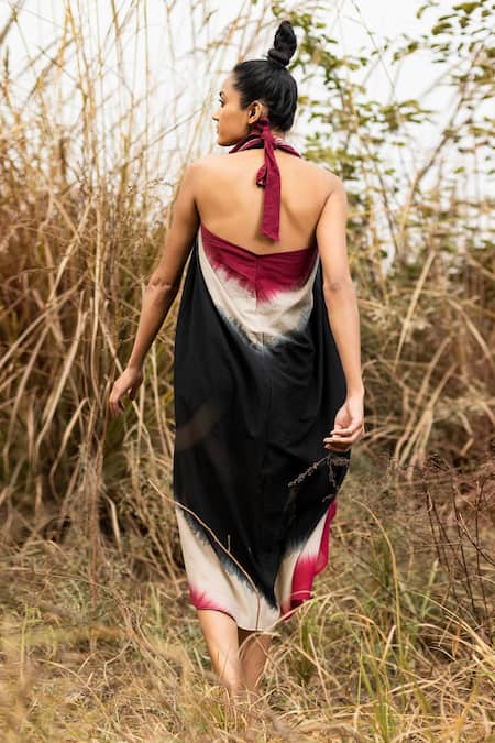 Shop Kharakapas Black Mulmul Shibori Halter Shadows In The Woods Dress at Aza Fashions Shop_Kharakapas_Black Mulmul Shibori Halter Shadows In The Woods Dress _at_Aza_Fashions