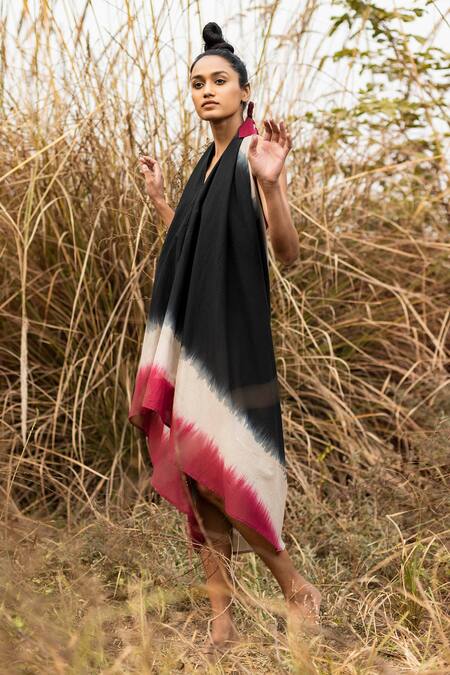 Shop Kharakapas Black Mulmul Shibori Halter Shadows In The Woods Dress Online at Aza Fashions Shop_Kharakapas_Black Mulmul Shibori Halter Shadows In The Woods Dress _Online_at_Aza_Fashions