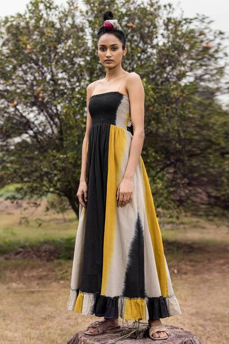 Shop Kharakapas Black Mulmul Shibori Square Neck Firefly Dress Online at Aza Fashions Shop_Kharakapas_Black Mulmul Shibori Square Neck Firefly Dress _Online_at_Aza_Fashions