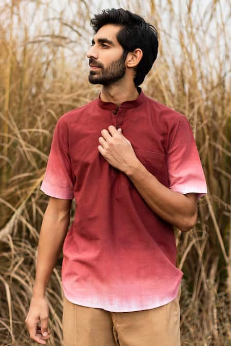 Kharakapas Red Mulmul A Moment In Time Shirt at Aza Fashions Kharakapas_Red Mulmul A Moment In Time Shirt _at_Aza_Fashions