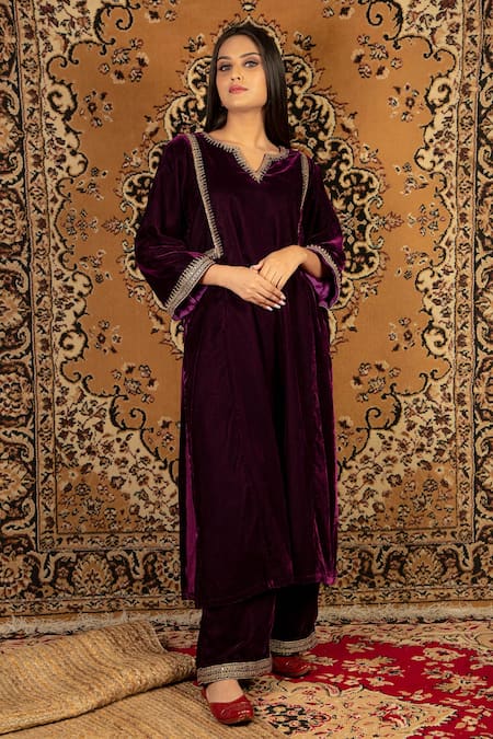 Buy Purple Silk Velvet Embroidered Sequin V Neck Kurta And Pant Set For  Women by Priya Chaudhary Online at Aza Fashions.