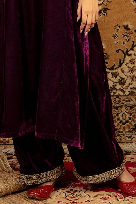 Buy Purple Silk Velvet Embroidered Sequin V Neck Kurta And Pant