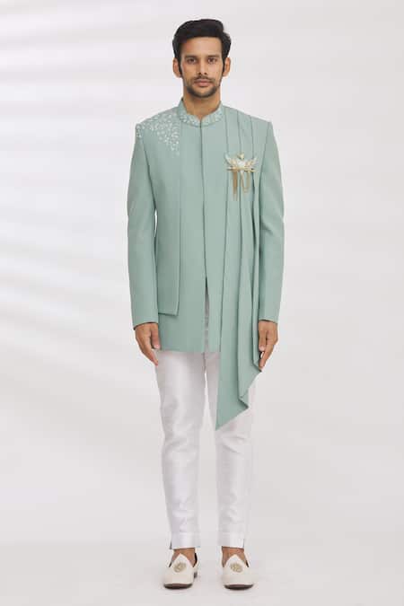 Rng Safawala Blue Pant Dupion , Bandhgala Blended Cutdana Asymmetric And Set Online at Aza Fashions Rng Safawala_Blue Pant Dupion , Bandhgala Blended Cutdana Asymmetric And Set _Online_at_Aza_Fashions